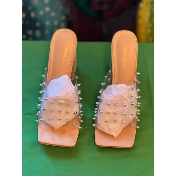 Wild Diva Kalsa Clear Chunky Heels Studded Women's Mules Slip On Shoes nude sz 6 - Picture 1 of 8